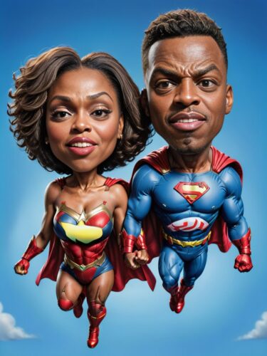 Dynamic Black Superhero Couple in Flight