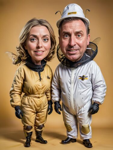 Beekeeper Couple Caricature Portrait with Oversized Bees