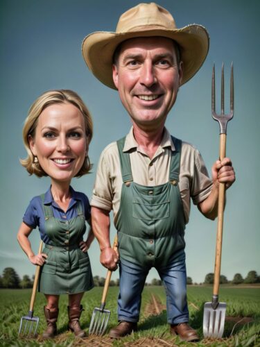 Whimsical Farmer Couple Portrait with Giant Pitchfork