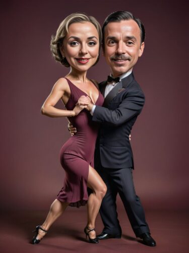 Humorous Tango Caricature Couple in Traditional Ballroom Dance Attire