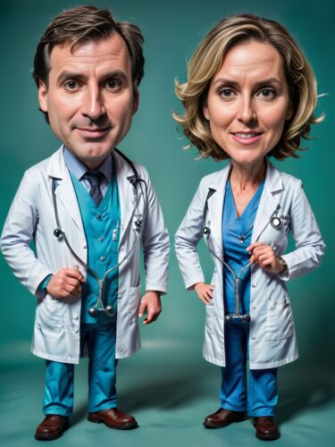 Caricature Doctors Couple Portrait with Stethoscopes