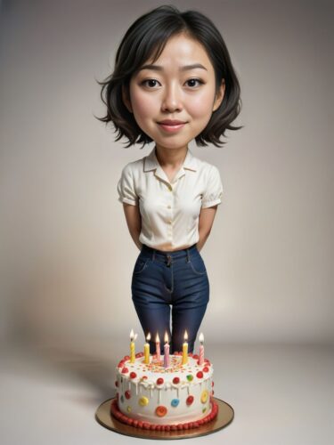 Whimsical Japanese Woman with Birthday Cake
