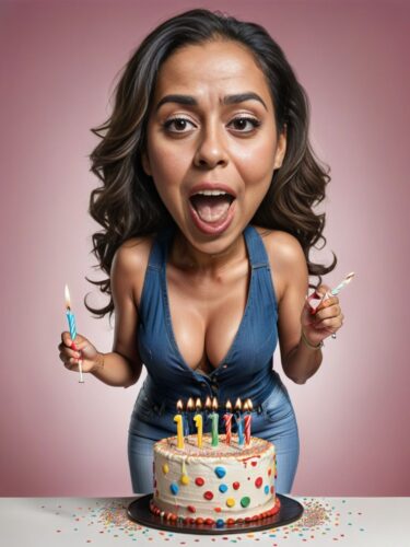 Cheerful Latina Woman Blowing Birthday Candles – Caricature XL