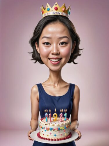 Young Asian Woman with Birthday Crown and Cake