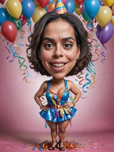 Young Hispanic Woman Caricature in Birthday Outfit