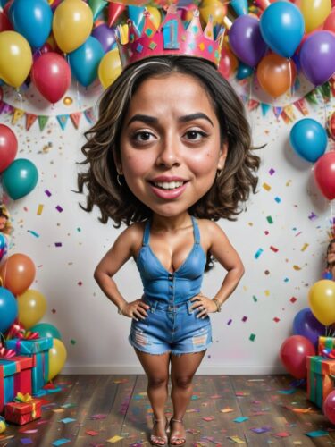 Vibrant Latina Woman Caricature with Birthday Crown