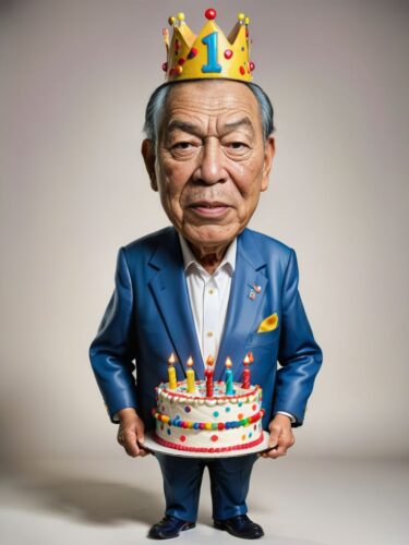 Elderly Asian Man with Birthday Crown and Cake