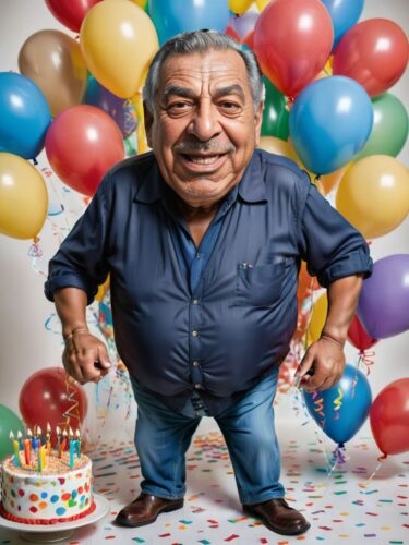 Delightful Caricature of an Older Hispanic Man with Birthday Balloons and Cake