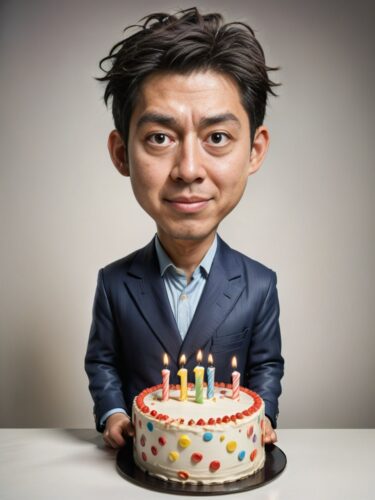 Whimsical Japanese Man with Birthday Cake