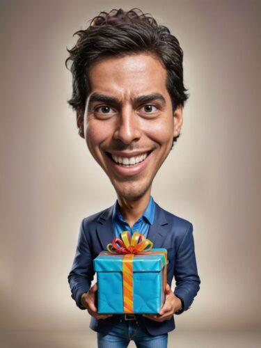 Cheerful Hispanic Man with Birthday Gift – Caricature XL