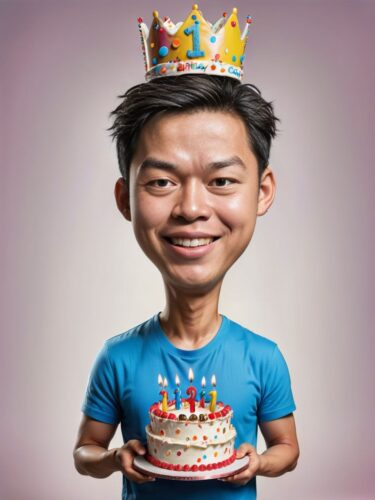 Young Asian Man with Birthday Crown and Cake