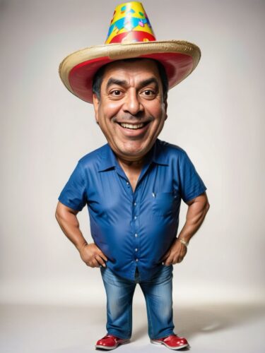 Cheerful Latino Man Celebrating Birthday with Caricature
