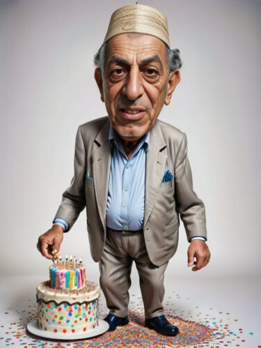 Whimsical Middle Eastern Man with Birthday Cake and Confetti